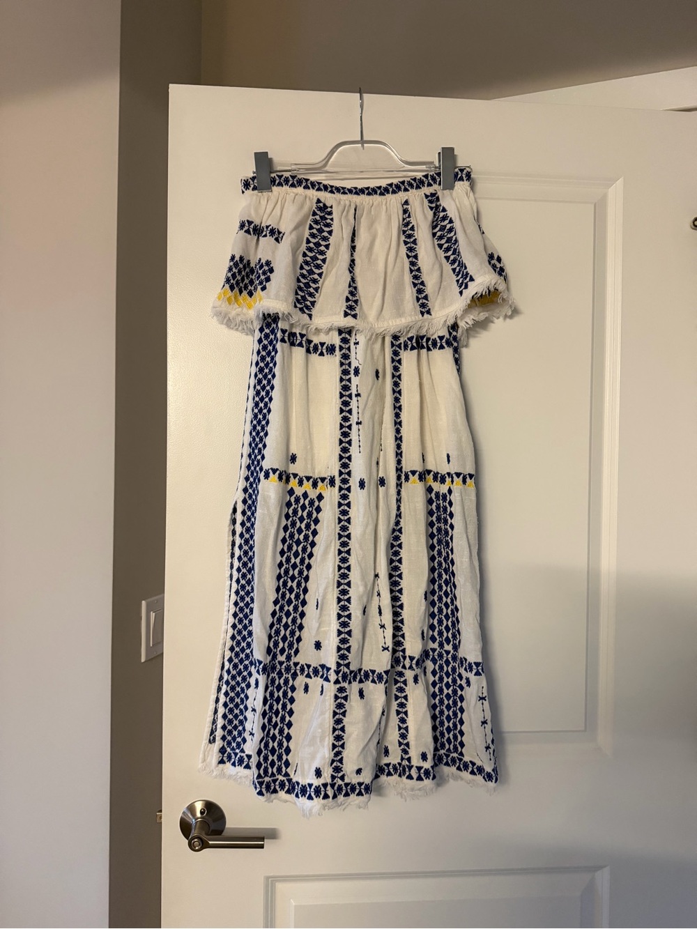Free People White Strapless Maxi Dress with Blue Embroidery & Yellow Accents